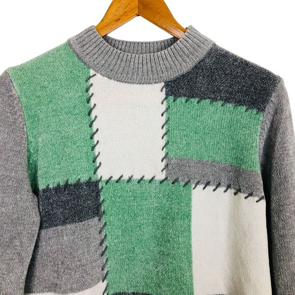 Alfred Dunner Vtg Patchwork Sweater Petite Large Acrylic Chenille Green Gray - Picture 3 of 10